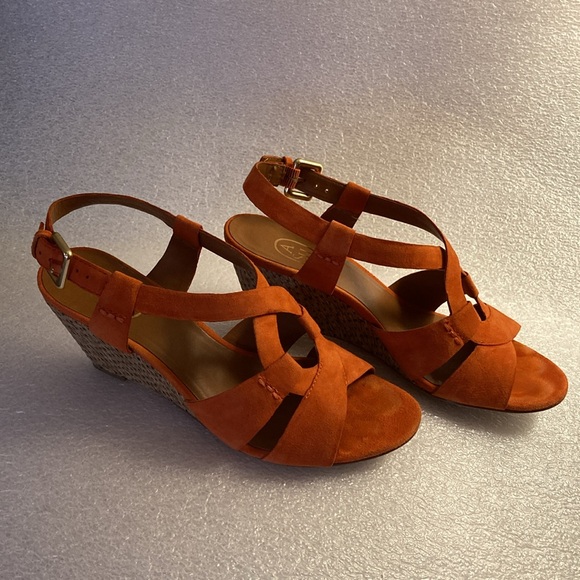 ASH Orange Suede Slingback Lattice Wedge Heel Sandals & Gold Buckle - Sz 37 - Picture 3 of 13
